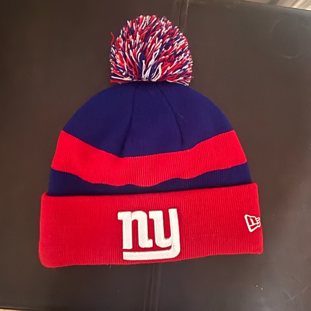 NY Giant Red and Blue Beanie with Pom-Pom